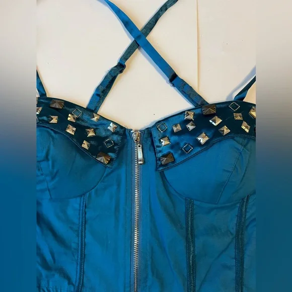 NWT Lydia Blue Bustier Corset Ribbed Peplum Jewel Embellished Top SzS - Picture 5 of 9
